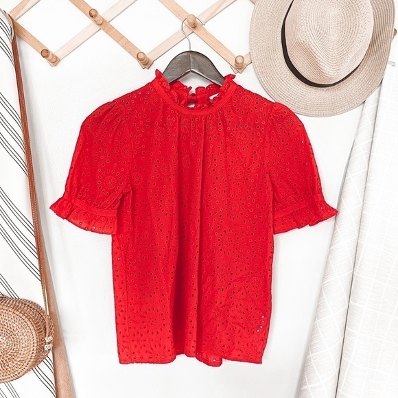 Madewell Embroidered Eyelet Ruffle-Neck Keyhole Top - Picture 2 of 7